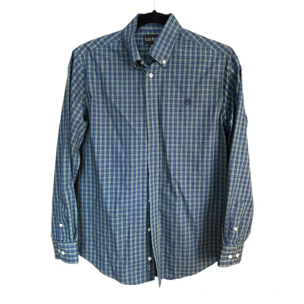Ralph Lauren Black Label Youth Size 18 Cotton Blue Green Plaid Dress Shirt